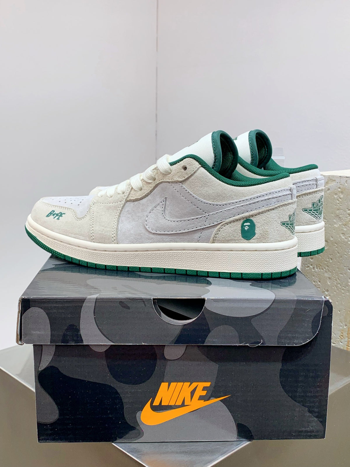BAPE × Air Jordan 1 Low — Grey Suede & Dark Green | EU Sizes 36–45