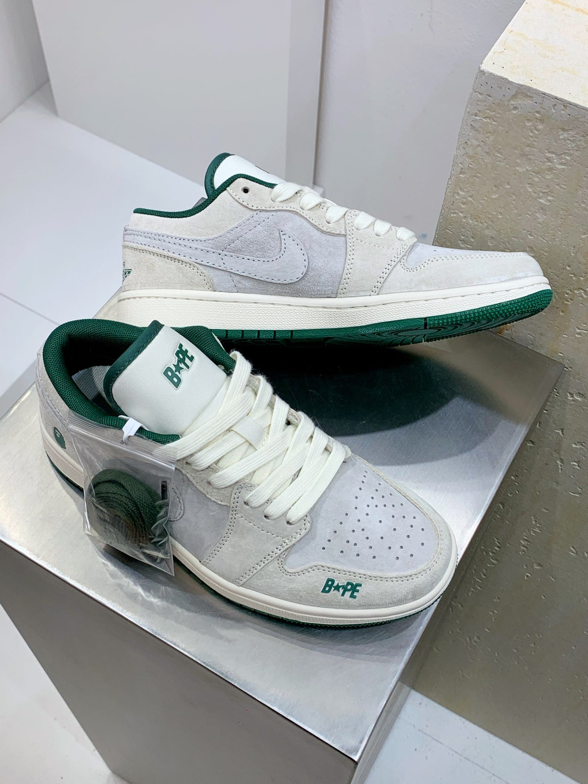 BAPE × Air Jordan 1 Low — Grey Suede & Dark Green | EU Sizes 36–45