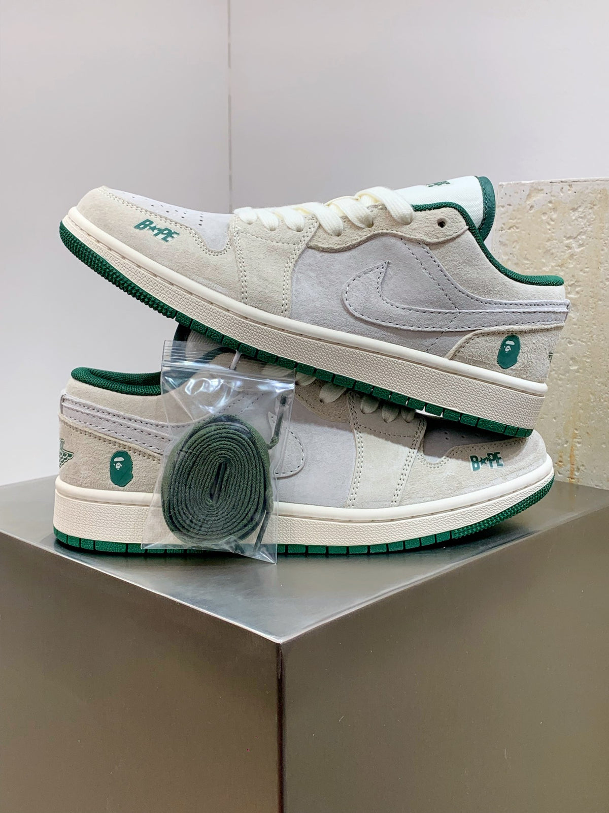 BAPE × Air Jordan 1 Low — Grey Suede & Dark Green | EU Sizes 36–45