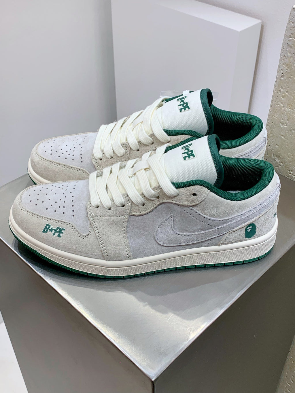 BAPE × Air Jordan 1 Low — Grey Suede & Dark Green | EU Sizes 36–45