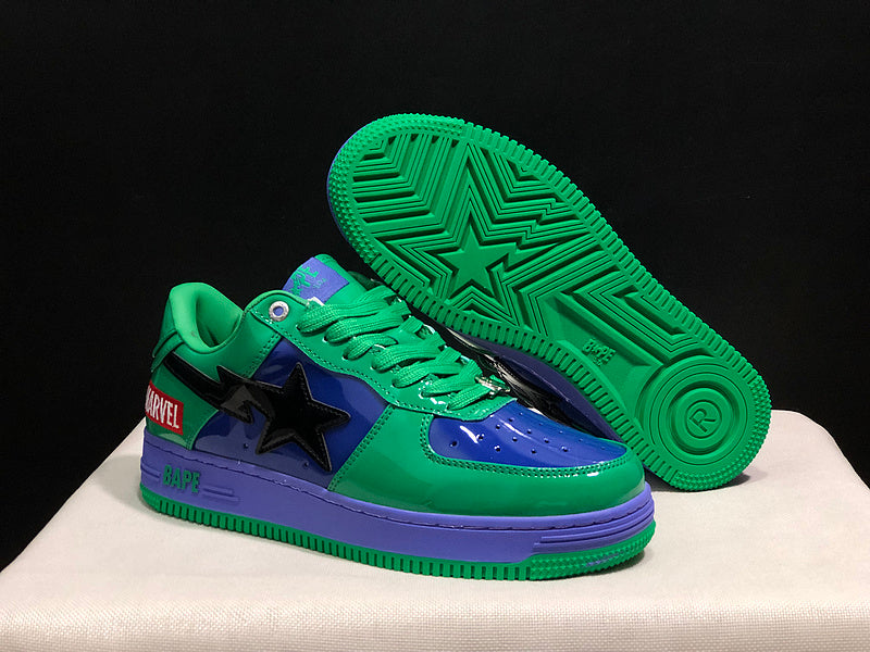 BAPE STA × Marvel — Green, Blue & Purple Patent Leather | EU Sizes 36–45
