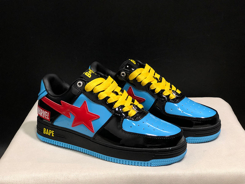 BAPE STA × Marvel — Black, Blue & Red Patent Leather | EU Sizes 36–45