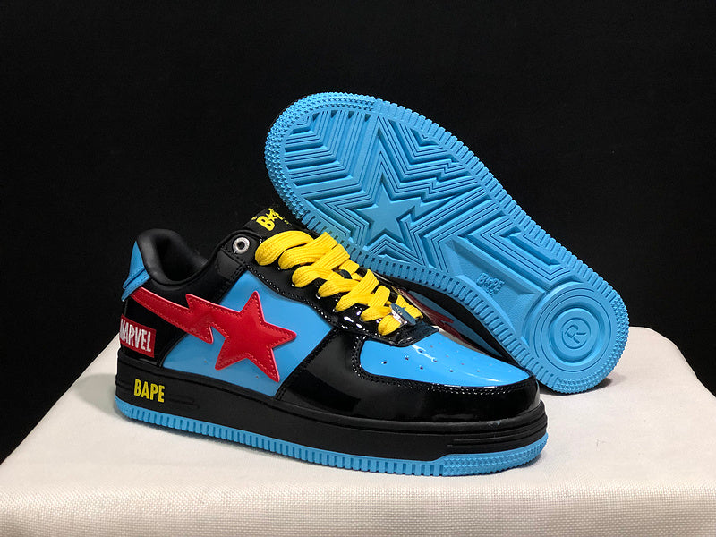 BAPE STA × Marvel — Black, Blue & Red Patent Leather | EU Sizes 36–45