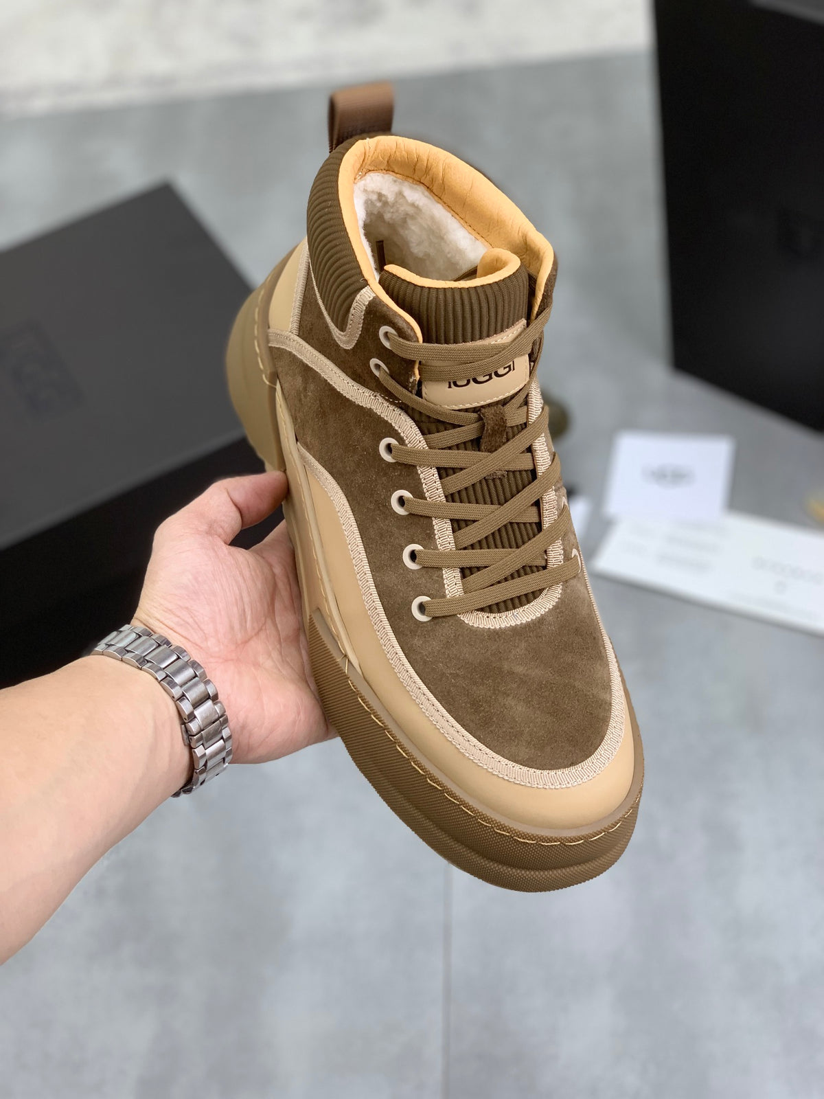 UGG Knit-Collar Lace-Up Boot-Sneaker — Olive & Camel | EU 39–44